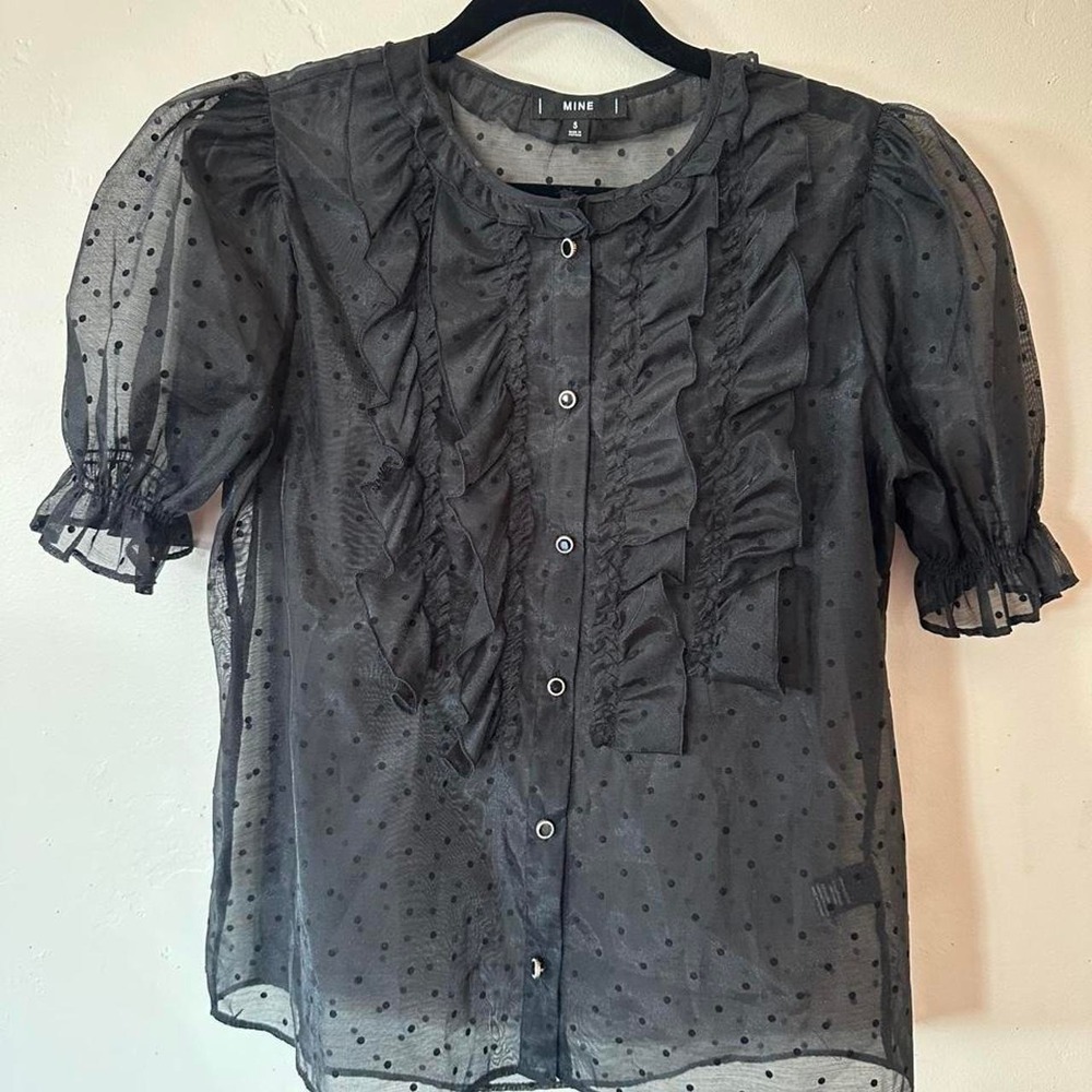 Black polka dot blouse with ruffles and pockets, size S'